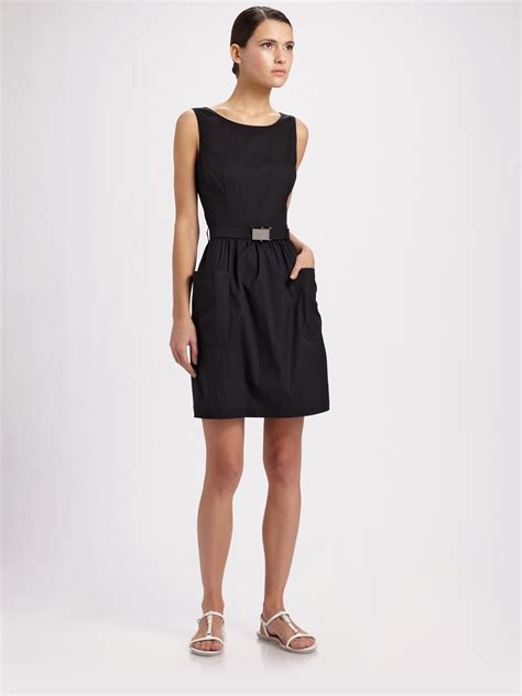 prada dress grey|Prada sleeveless belted black dress.